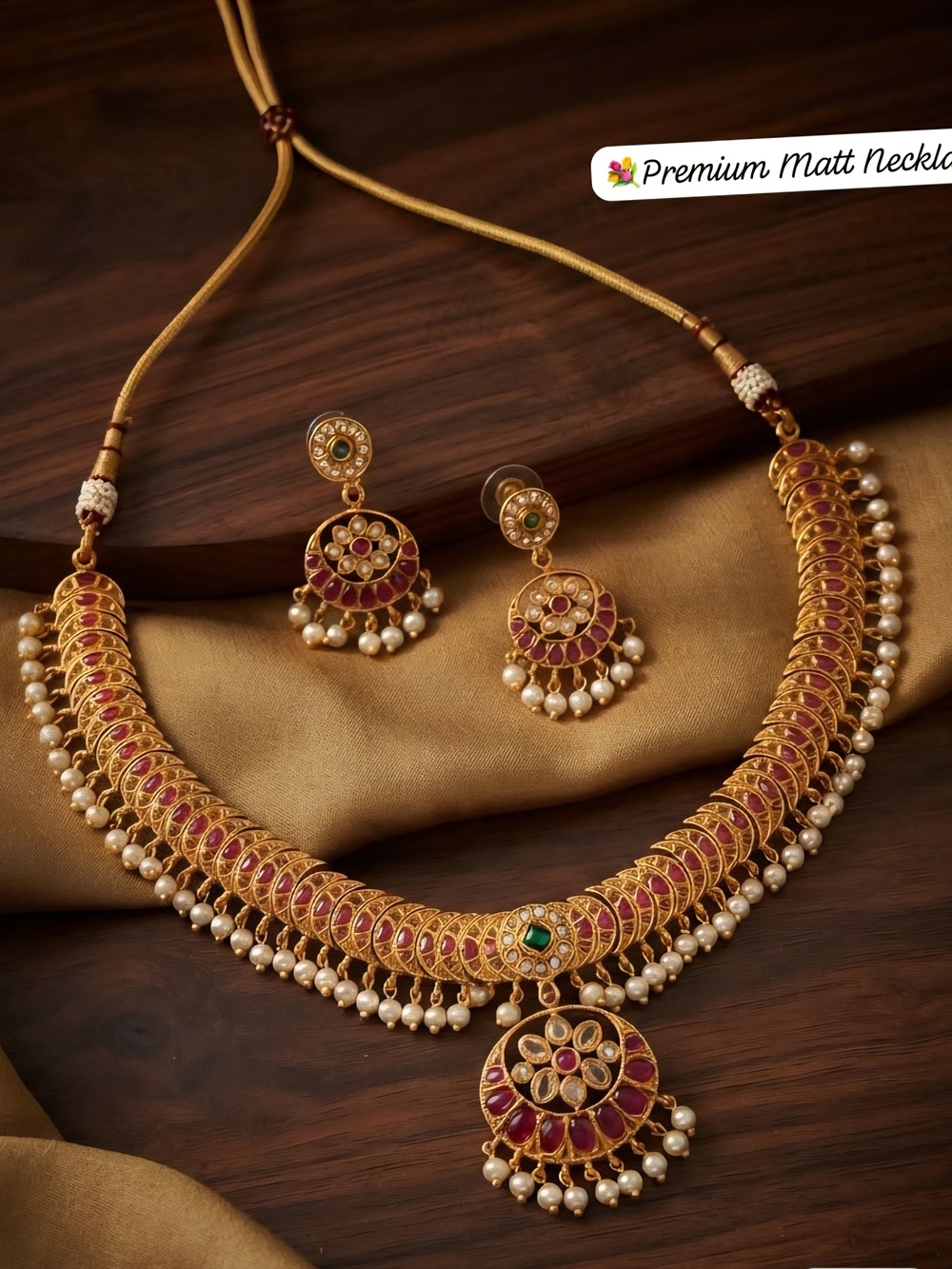 Gold and Ruby Traditional Necklace Set with Earrings
